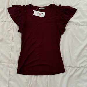 Women’s Ruffle Short Sleeve Maroon Full Length Shirt